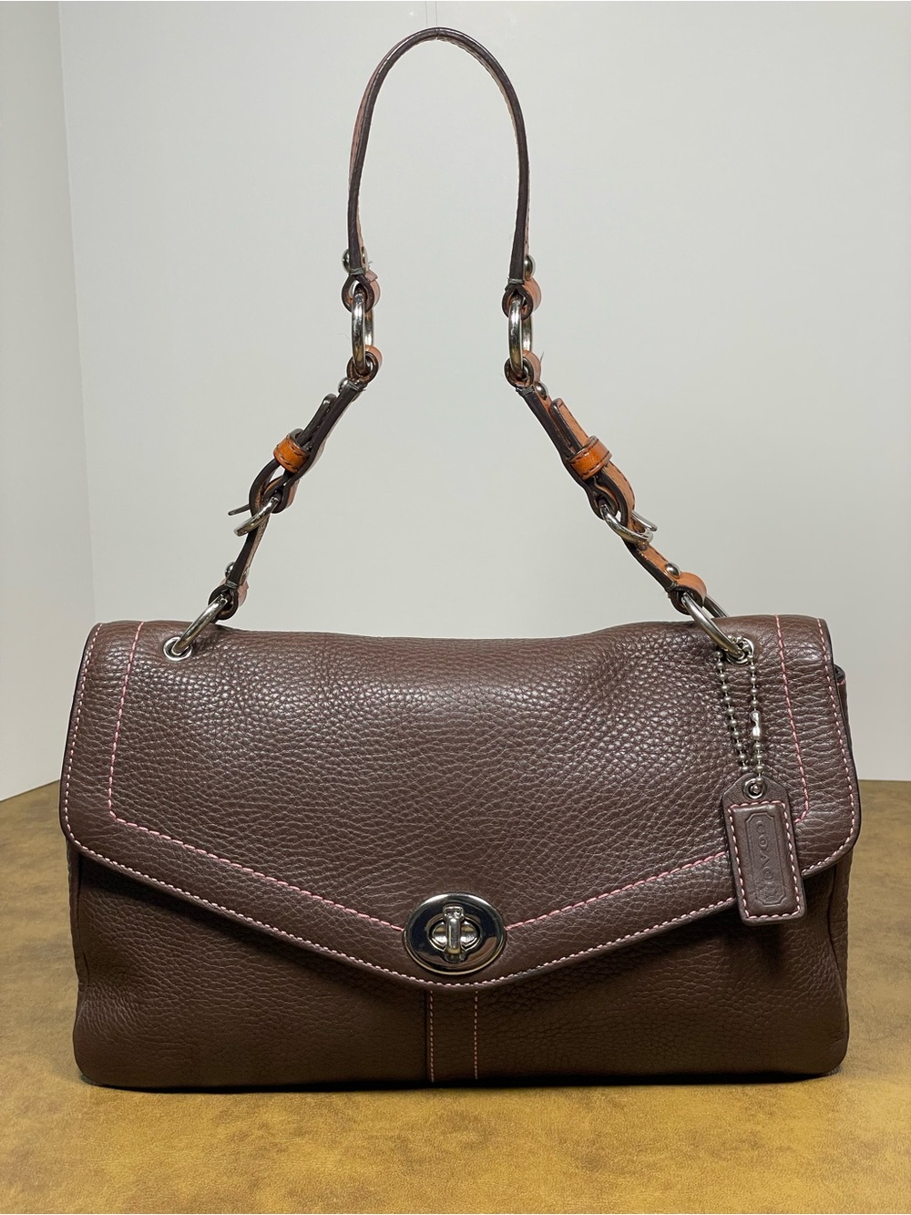 Coach Chelsea 9378 Dark Chocolate Brown Pebbled Leather Hobo Pink Stitch